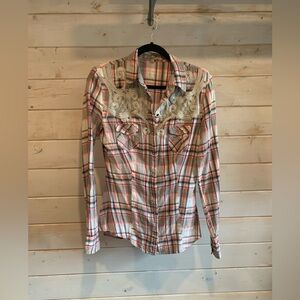 Guess | Pink & White Plaid Pearl Snap Top w Lace Details